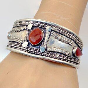 Vintage Carnelian Cuff Afghan: Middle Eastern,Red Stone Silver Tribal Ethnic
